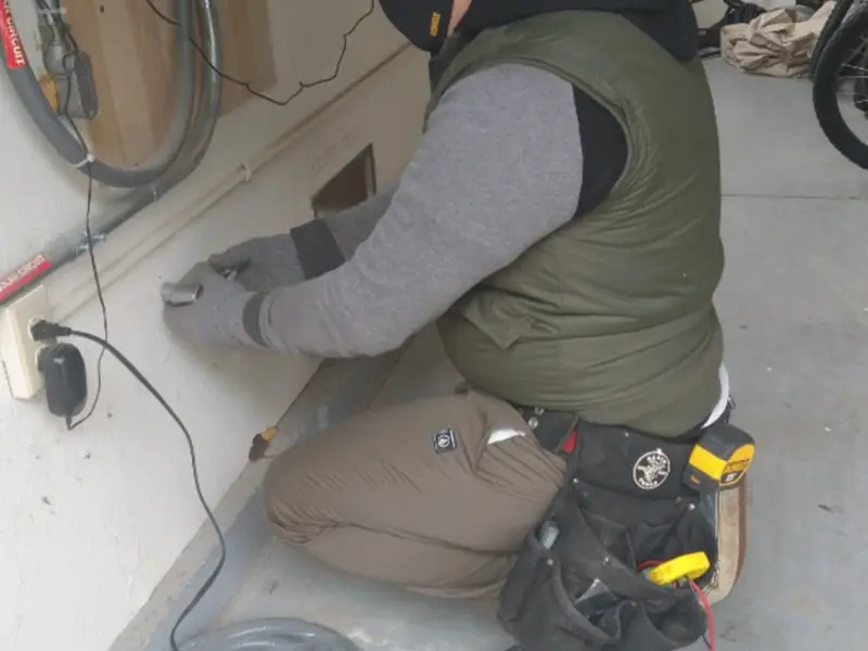 Electrician performing outlet wiring in a Brielle garage